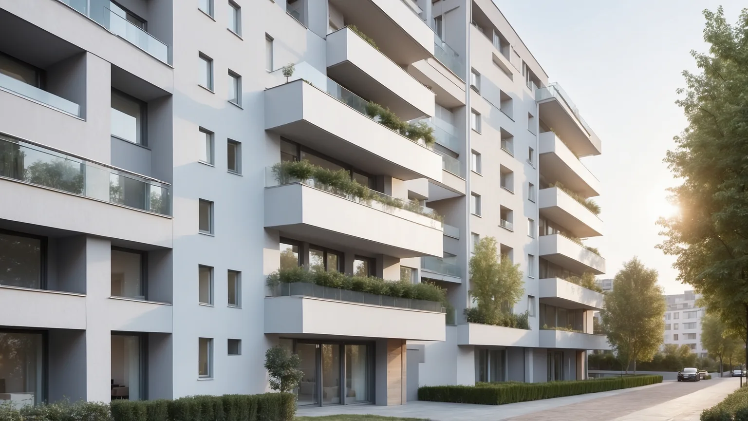 Modernes Mehrfamilienhaus mit Balkonen im warmen Abendlicht als Sinnbild für Mietwohnungen