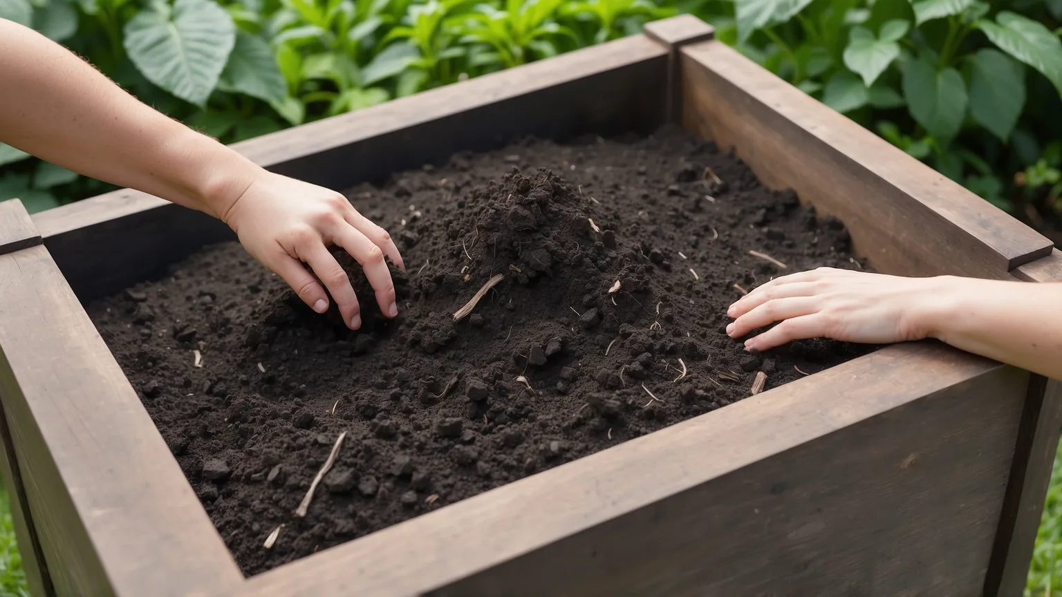 Dunkler, krümeliger Kompost mit sichtbaren Pflanzenresten in einem Holz-Komposter im Garten