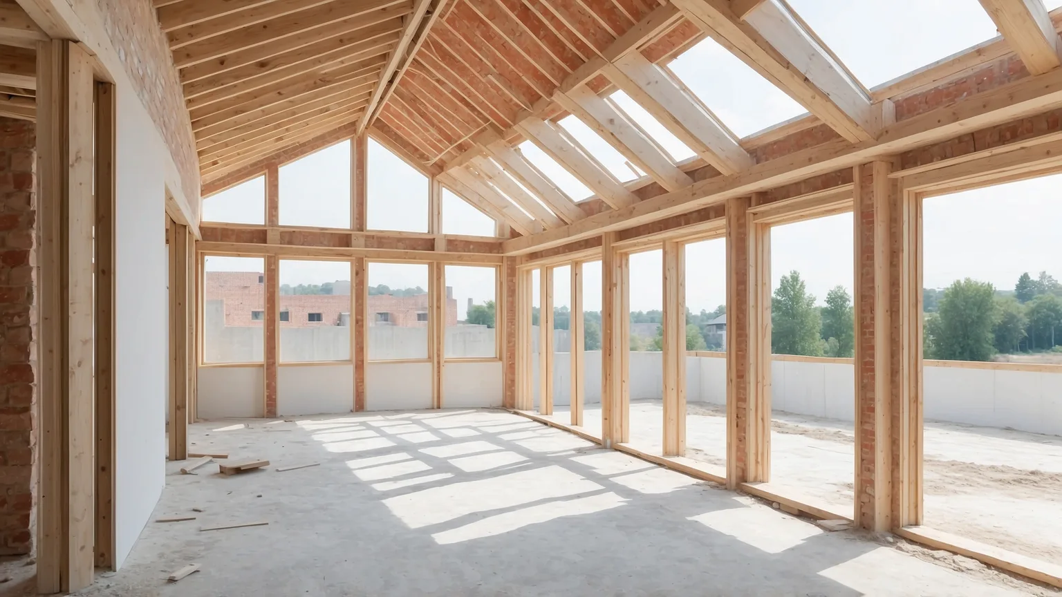 Rohbau eines Einfamilienhauses mit sichtbarem Mauerwerk und fertigem Dachstuhl ohne Fenster