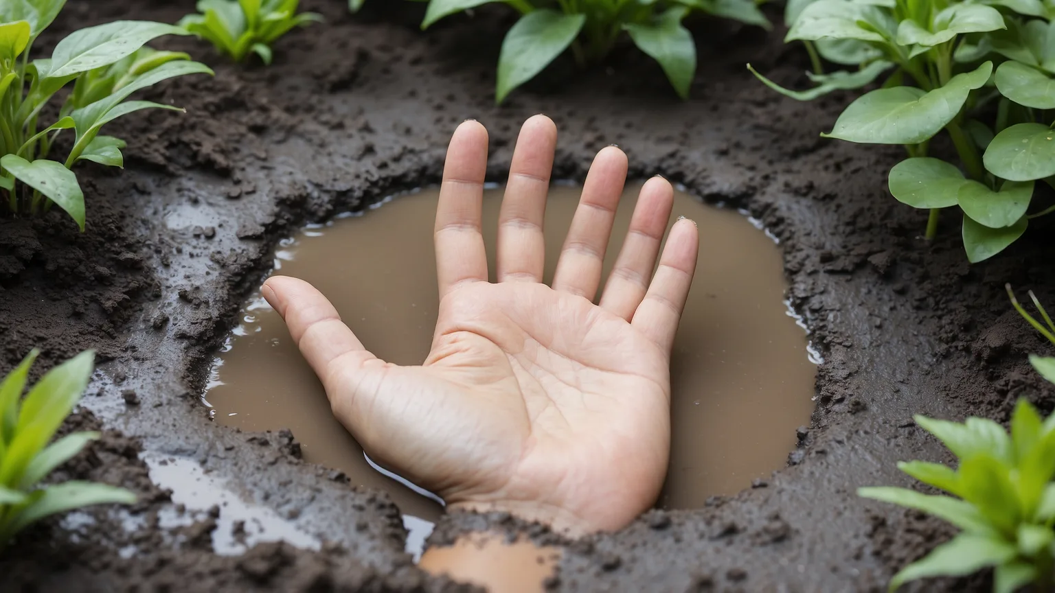Pfütze aus stehendem Wasser auf verdichtetem Gartenboden nach Regen