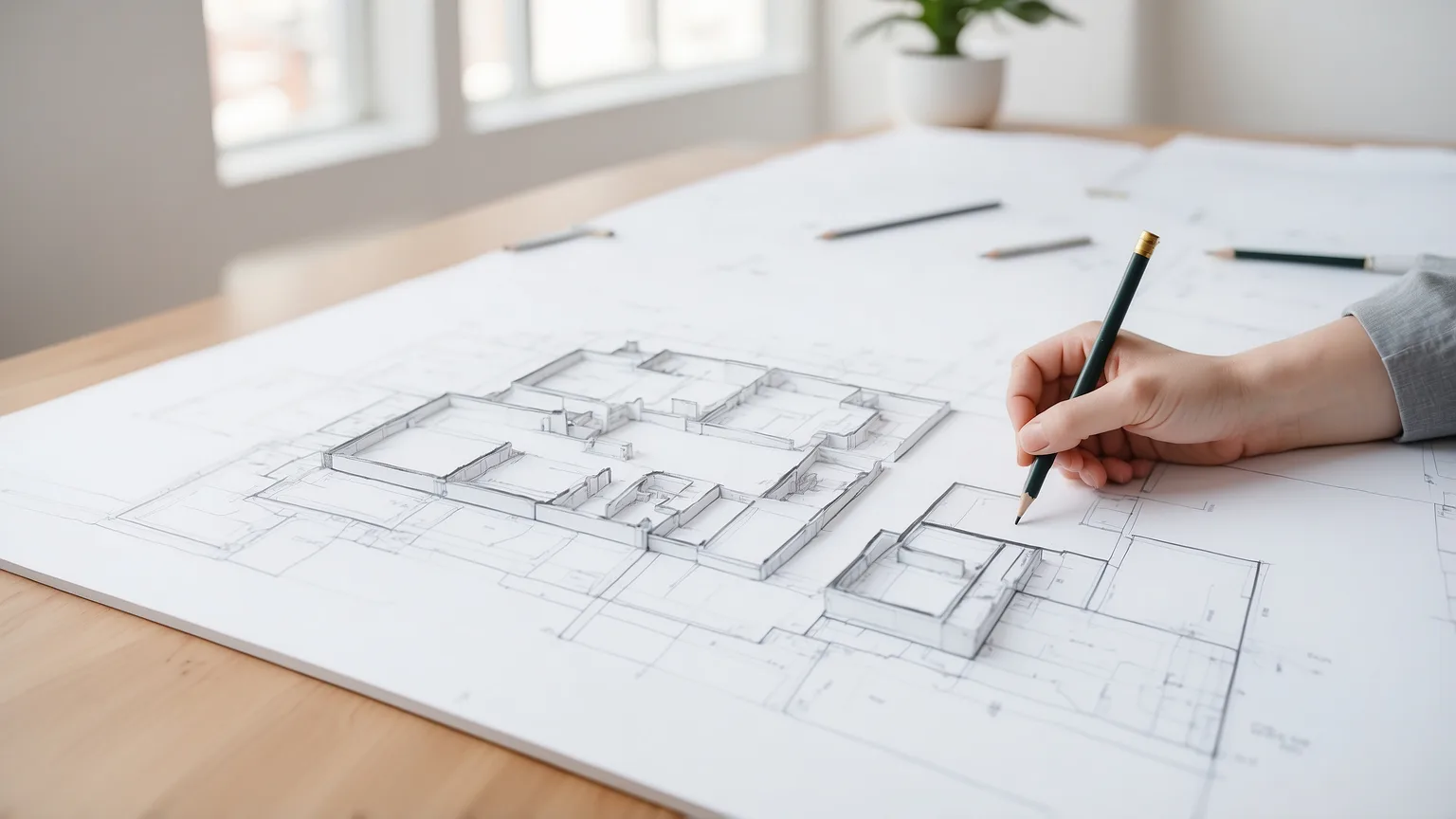 Grundriss mit Maßband und Stift auf dem Tisch